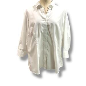 Size 1X (18) Coldwater Creek No Iron Womens White Button Up Shirt 3/4 Sleeve